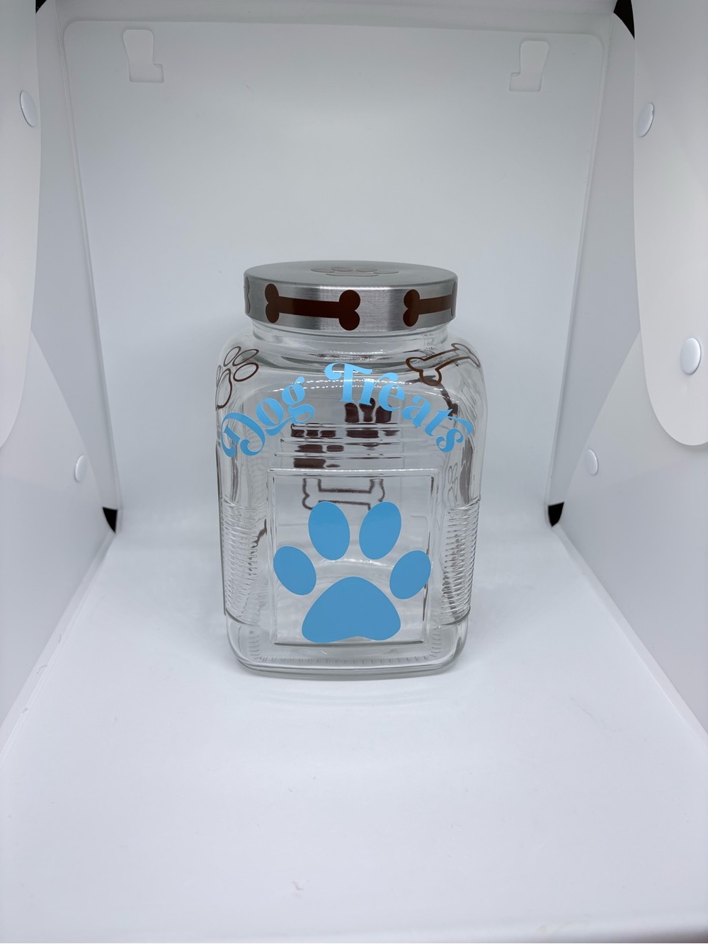 🔥🏷️Square Glass Treat Jar Canister w/ Metal Lid, Dog Paw Print Pattern 8.5 x 5.5